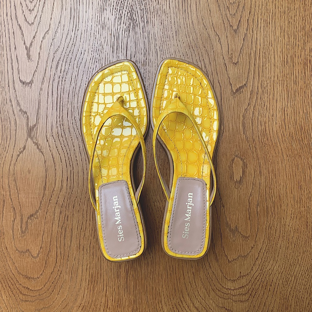 Sies Marjan Yellow Croc Flip Flop Sandals. Embossed details. Kitten heel.